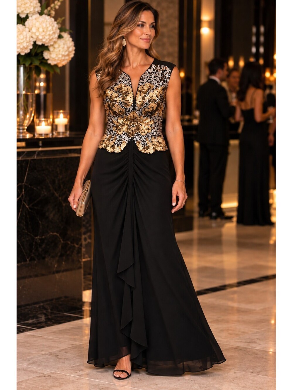 Anna Sui Black and Gold Sequin Evening Gown Dress Size 6